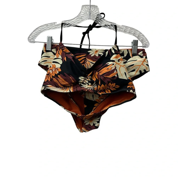 Cupshe Two Piece Swimsuit Orange Blue Leaves Print Size Medium New - Picture 1 of 8